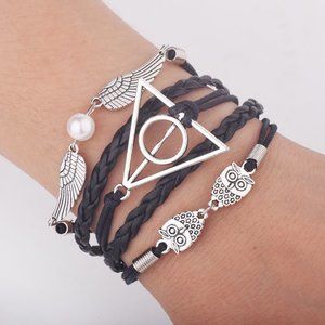 Harry Potter Bracelet Deathly Hallows Black Leather Quidditch Ball Infinity  Pear